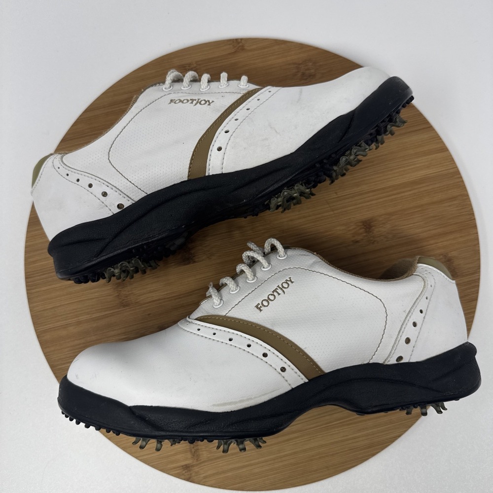FootJoy GreenJoys Golf Shoes Womens 8W White Brown Leather Spiked 48762 Classic